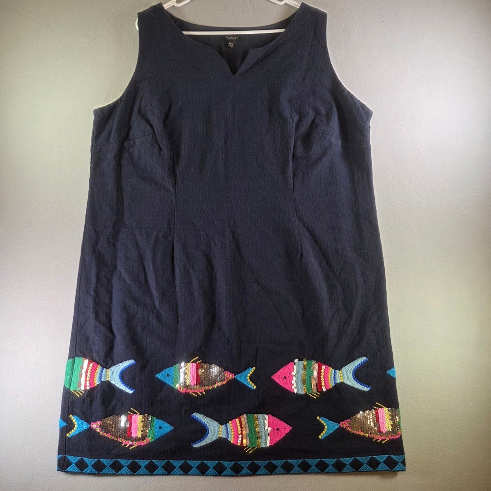 Talbots Woman Petites Navy Blue Sequin Fish Embroidered Shift Dress 20WP Beachy